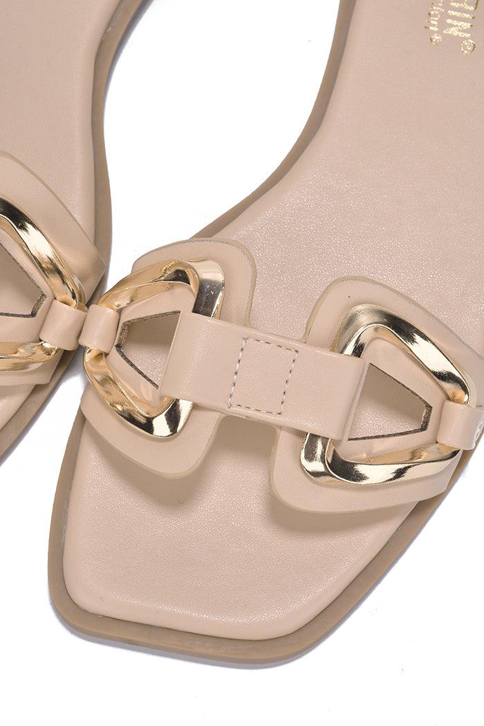 Cape Robbin Jocha Stylish Summer Slide Sandals With Gold Accent Chain - Nude