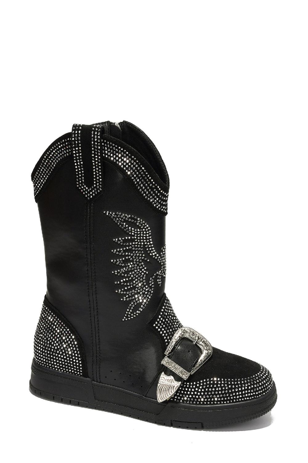 cape Robbin Jonie Western Rhinestone Wing Ankle Boots With Buckle Trim - Black