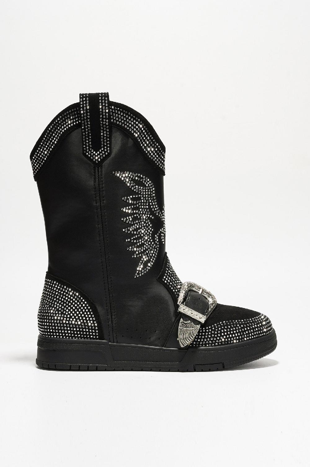 cape Robbin Jonie Western Rhinestone Wing Ankle Boots With Buckle Trim - Black