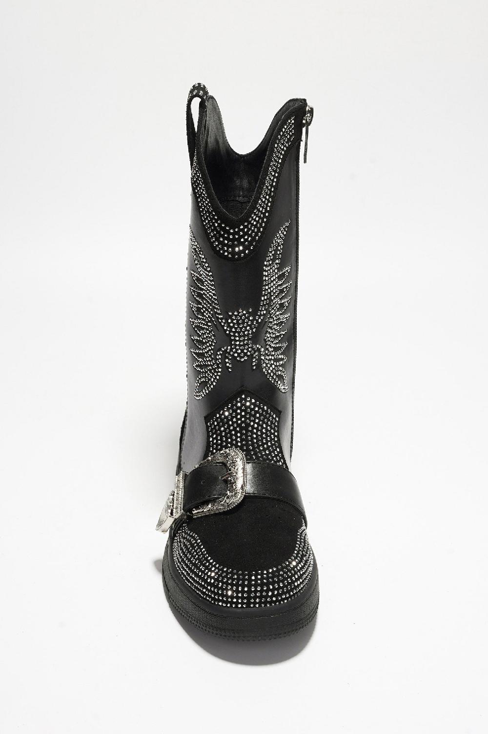 cape Robbin Jonie Western Rhinestone Wing Ankle Boots With Buckle Trim - Black