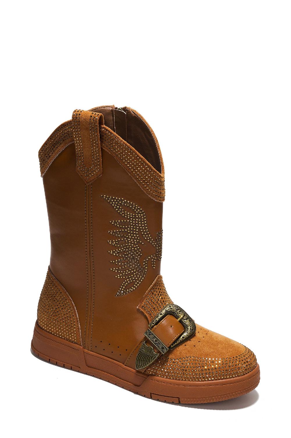 Cape Robbin Jonie Western Rhinestone Wing Ankle Boots With Buckle Trim - Tan