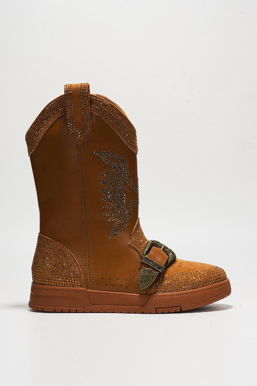 Cape Robbin Jonie Western Rhinestone Wing Ankle Boots With Buckle Trim - Tan