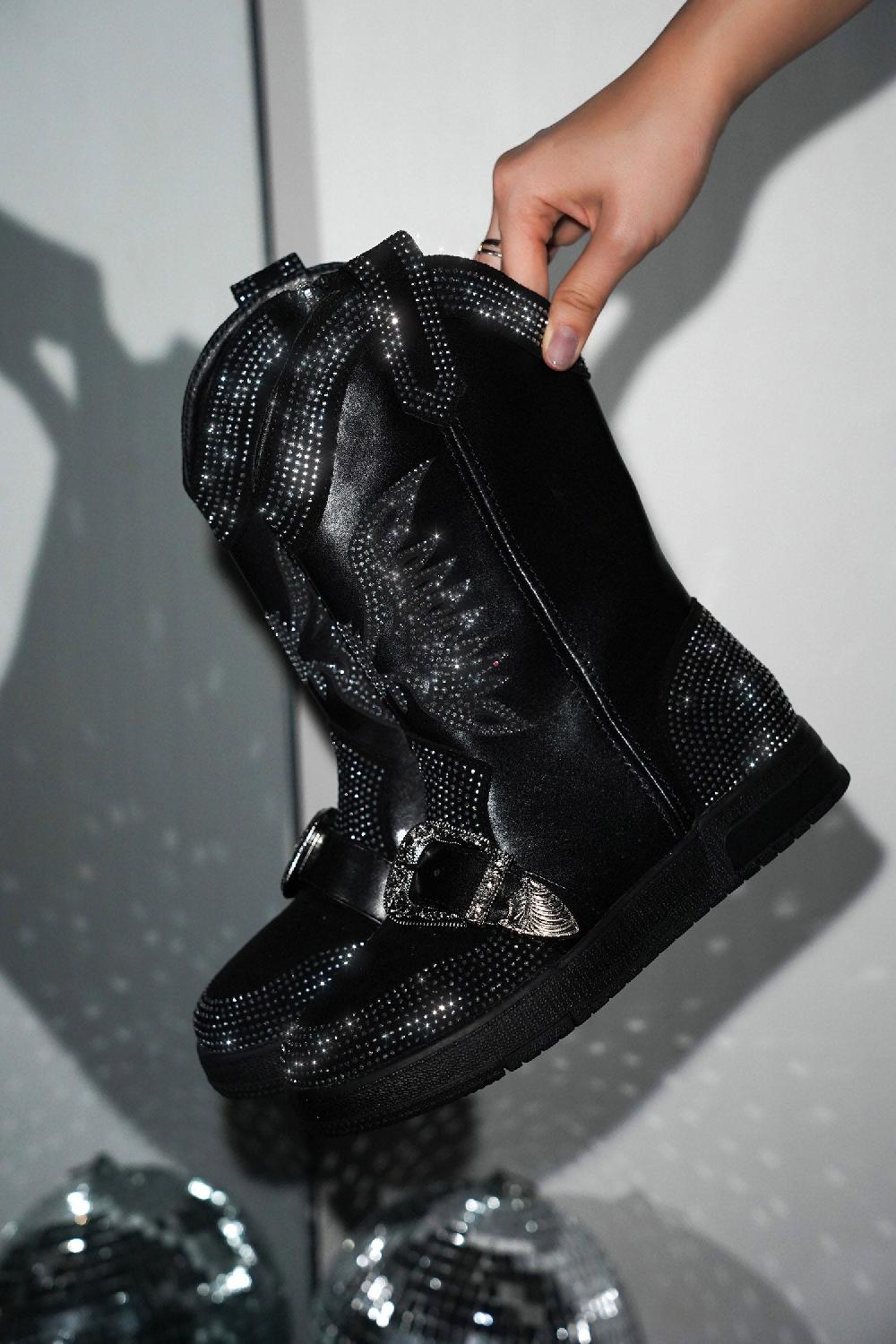 cape robbin Jonie Western Rhinestone Wing Ankle Boots with Buckle Trim - Black