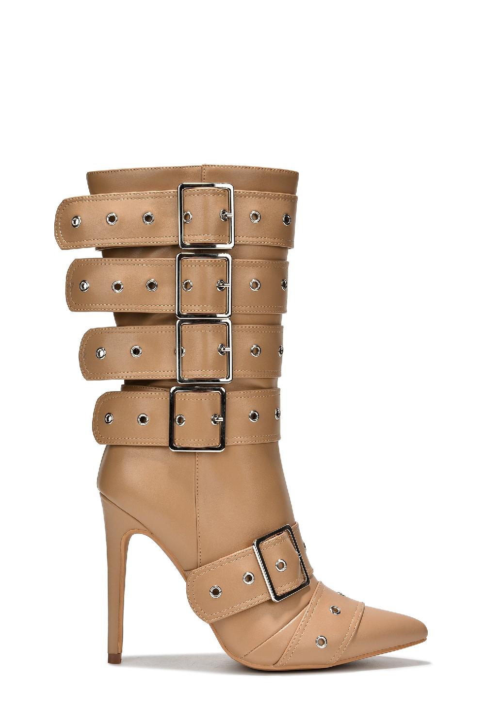 Cape Robbin Joonie Skinny High Heel Buckle Decor Booties - Nude Pu