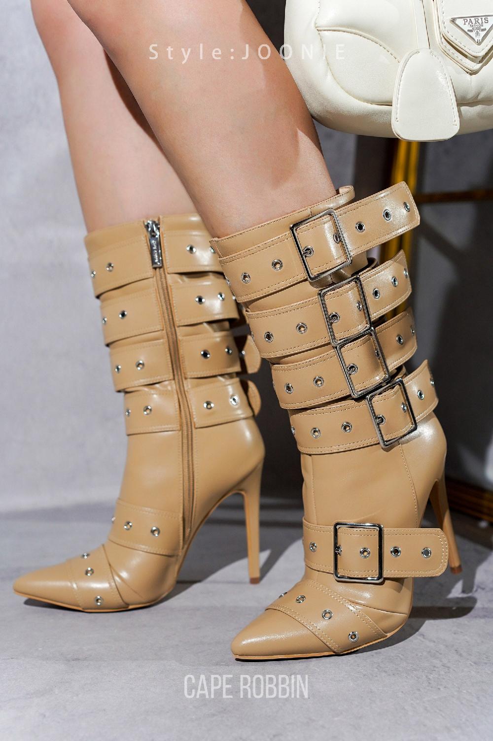 cape robbin Joonie Skinny High Heel Buckle Decor Booties - Nude Pu