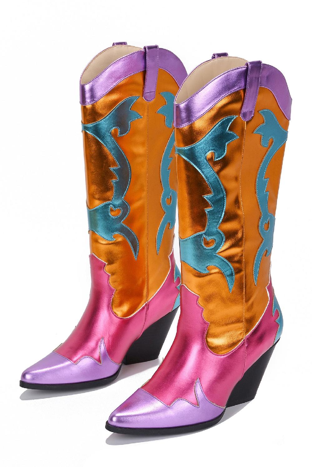 Cape Robbin Juliana Multicolor Pointy Toe Cowboy Boots - Orange