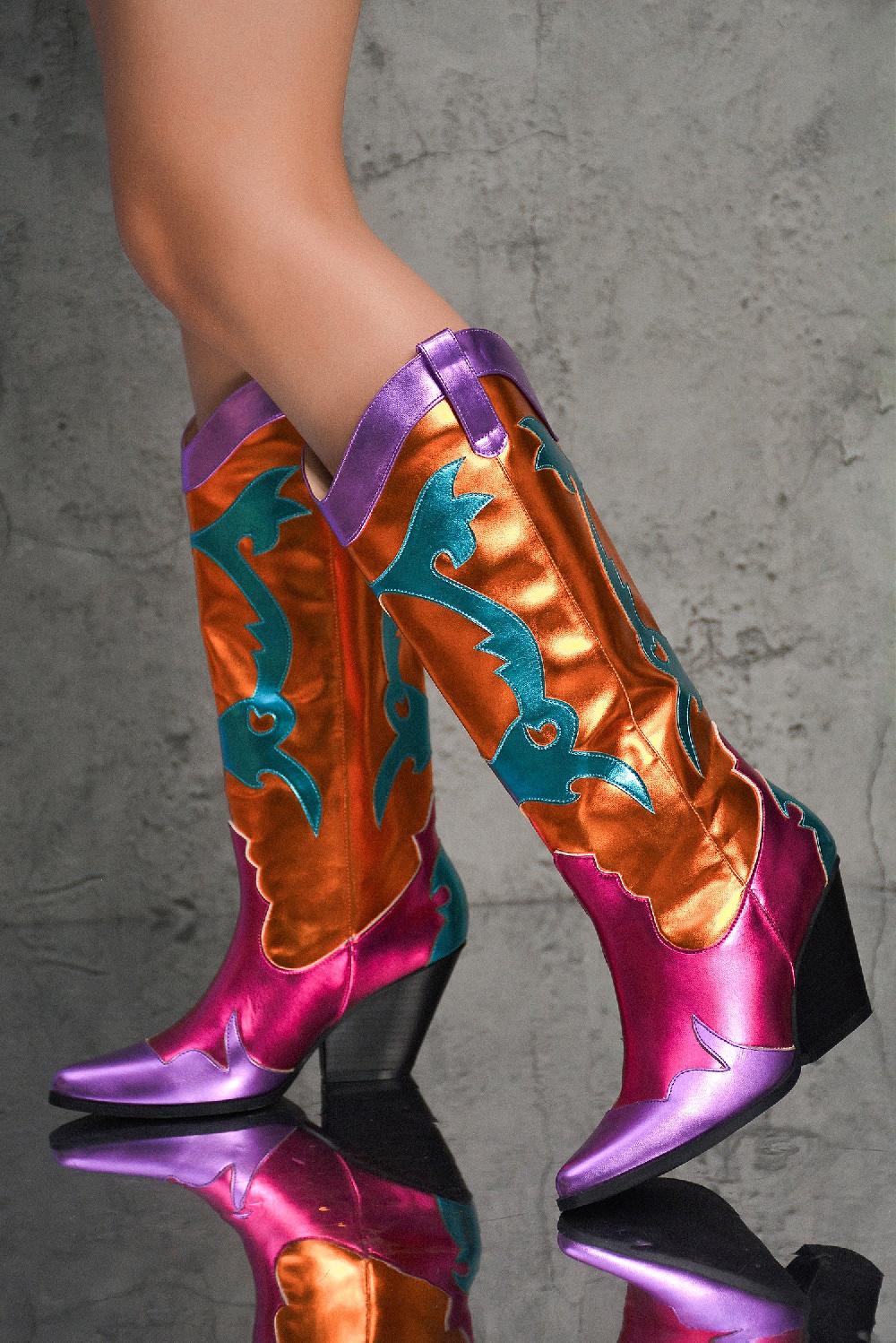 cape robbin Juliana Multicolor Pointy Toe Cowboy Boots - Orange