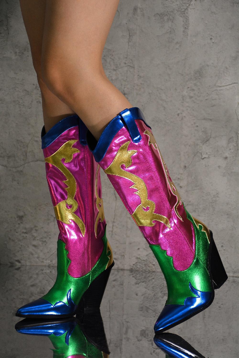 cape robbin Juliana Multicolor Pointy Toe Cowboy Boots - Pink