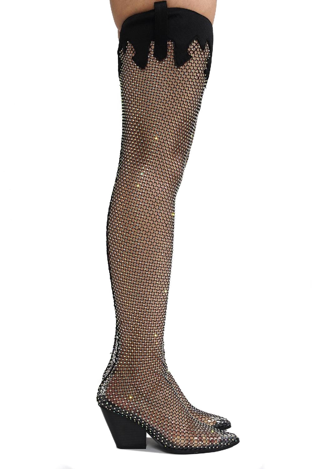 Cape Robbin Kaea Rhinestone Mesh Thigh High Cowboy Boots - Black
