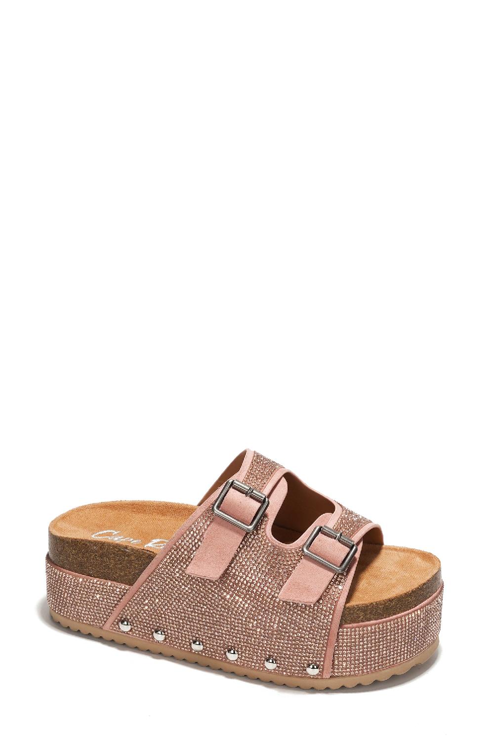 Cape Robbin Karolina Rhinestone Buckled Flatform Sandals - Rose Gold