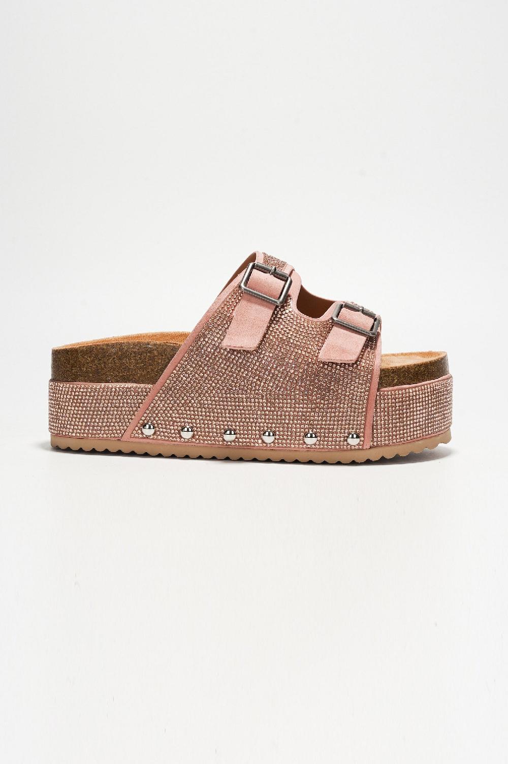 Cape Robbin Karolina Rhinestone Buckled Flatform Sandals - Rose Gold
