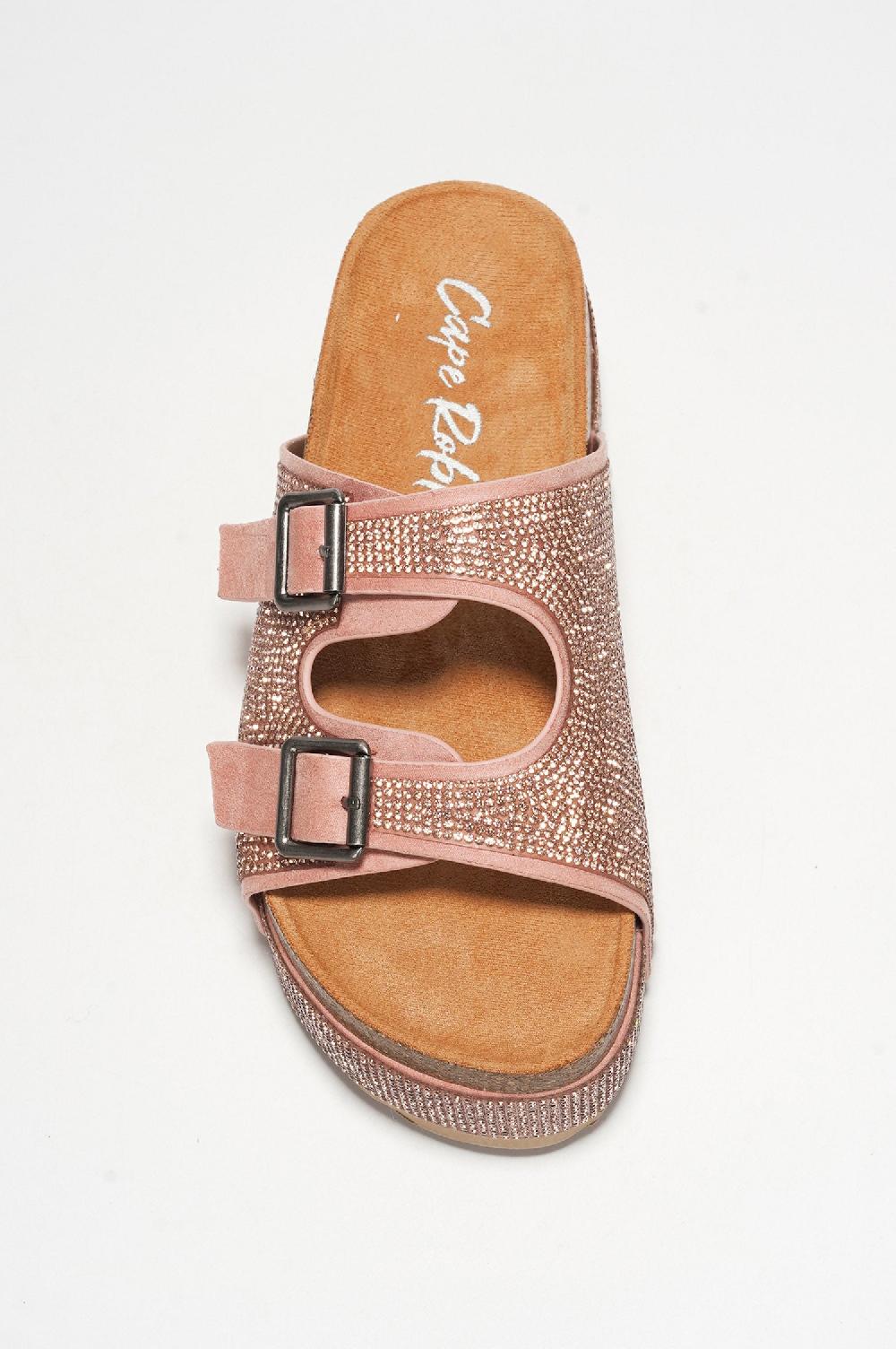 Cape Robbin Karolina Rhinestone Buckled Flatform Sandals - Rose Gold