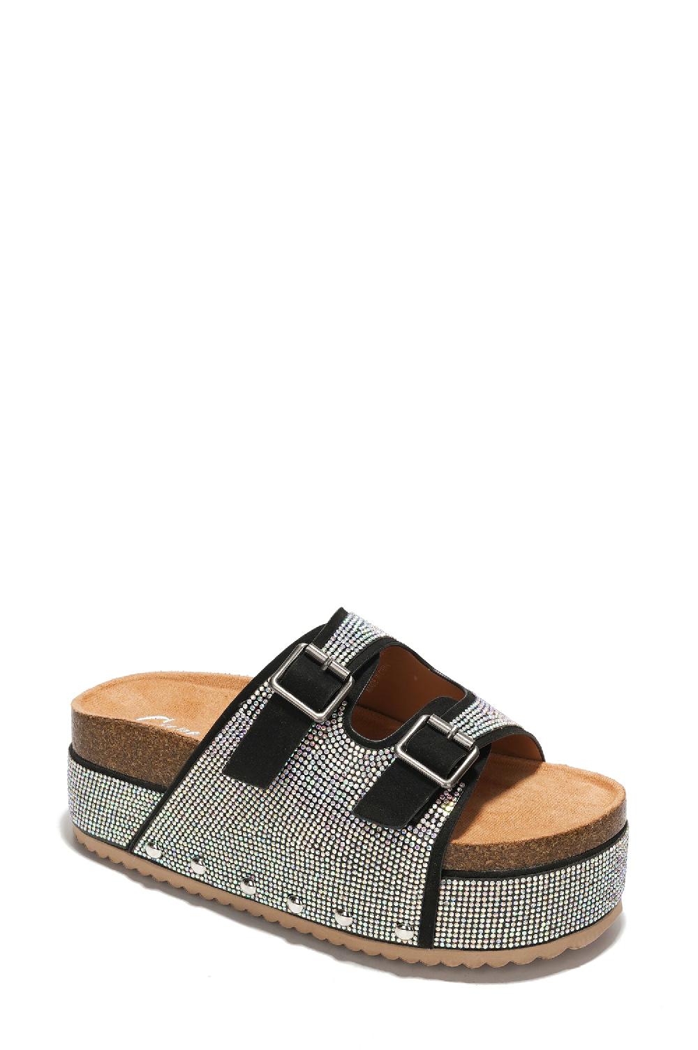 Cape Robbin Karolina Rhinestone Buckled Flatform Sandals - Silver