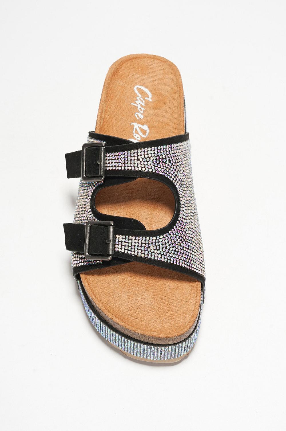 Cape Robbin Karolina Rhinestone Buckled Flatform Sandals - Silver