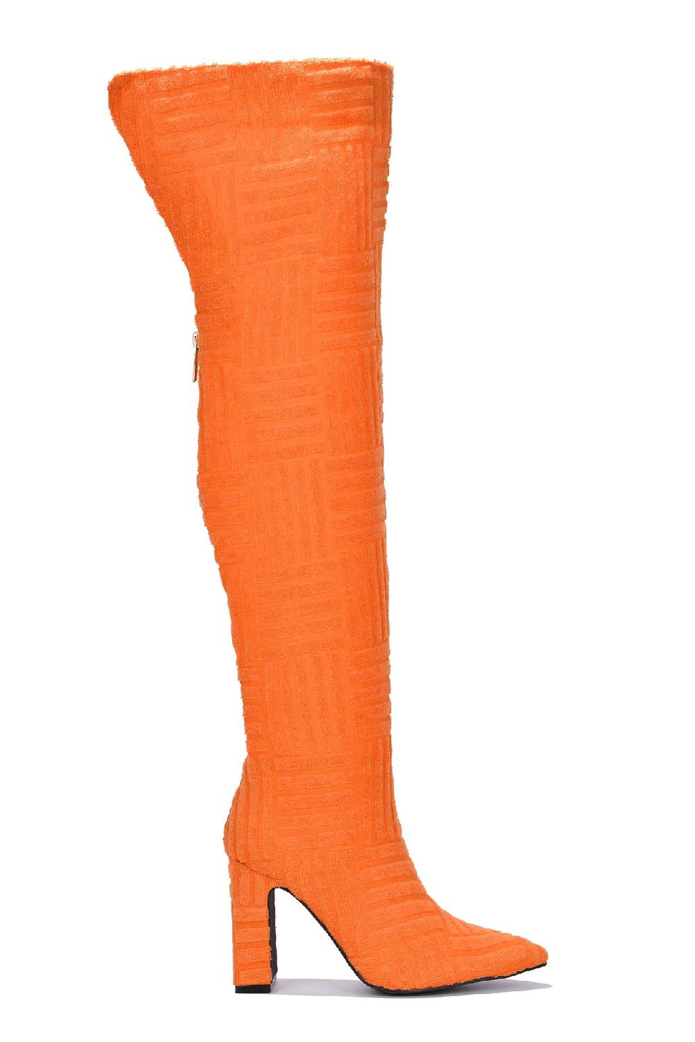 Cape Robbin Katagat Pointy Toe Thigh High Block Heels - Orange