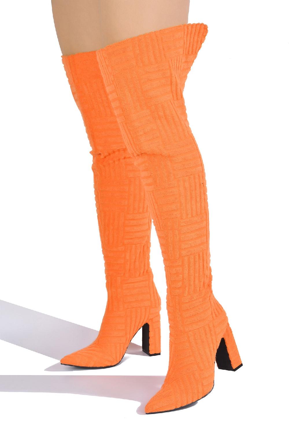 Cape Robbin Katagat Pointy Toe Thigh High Block Heels - Orange