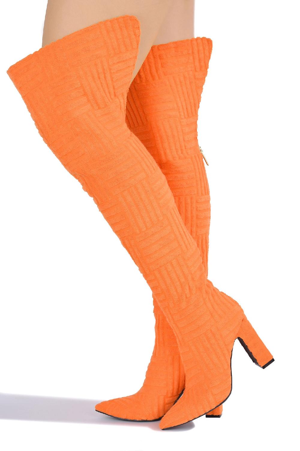 cape robbin Katagat Pointy Toe Thigh High Block Heels - Orange