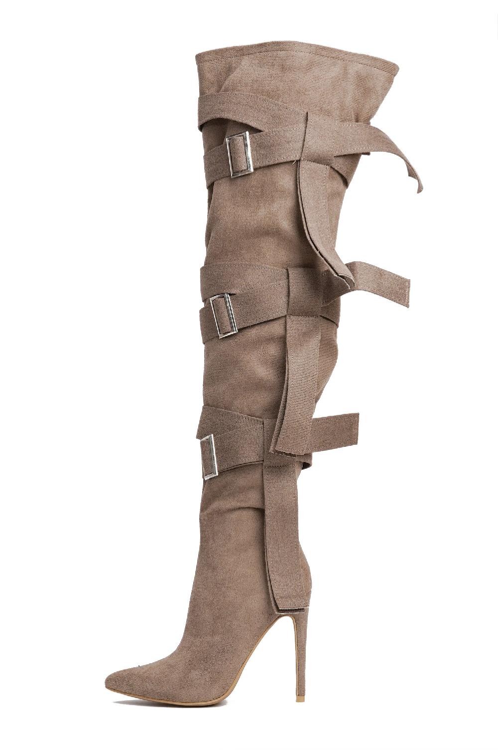 Cape Robbin Katey Buckle Suede Wrap Over-the-Knee Boots - Beige