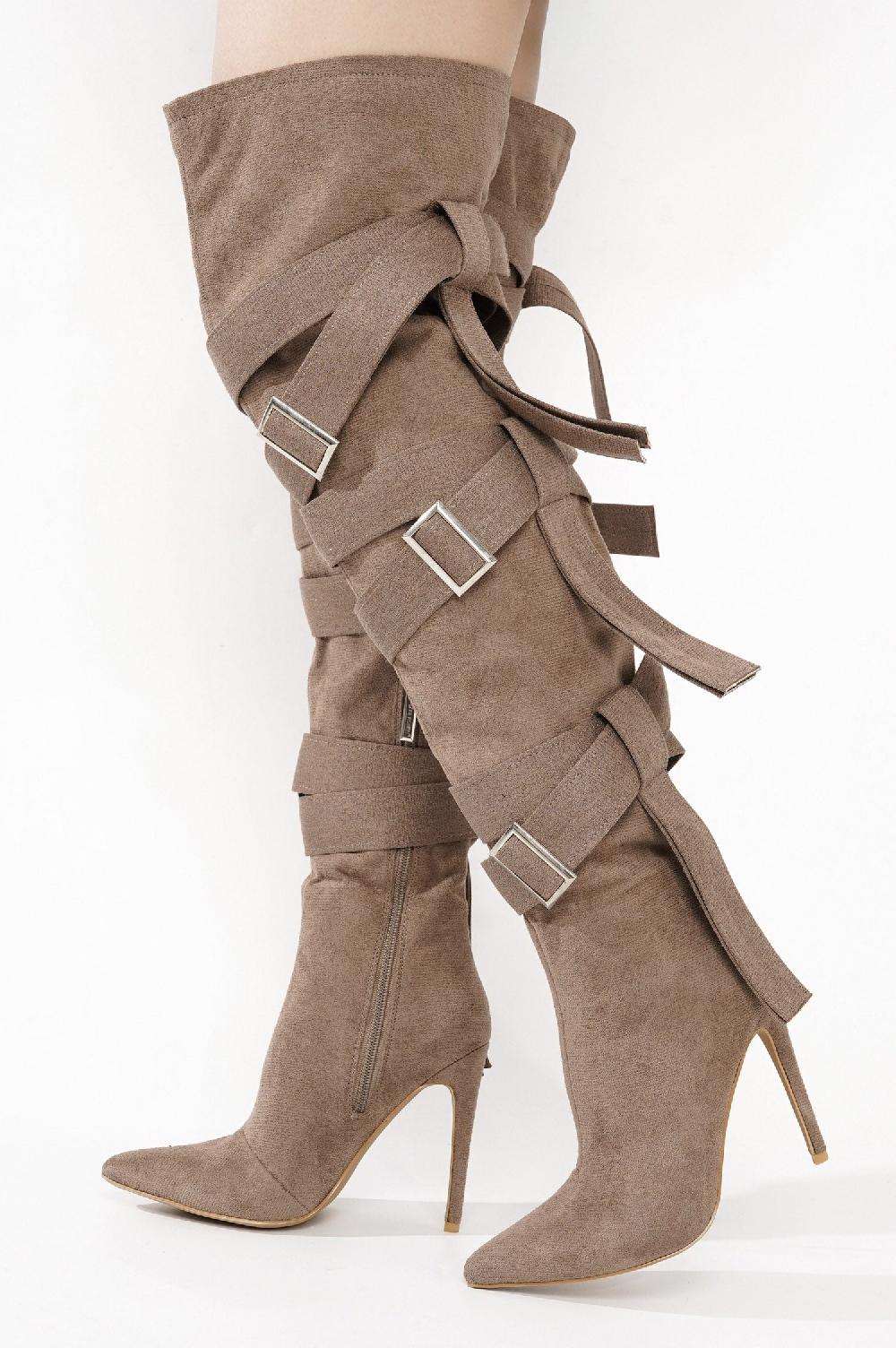 Cape Robbin Katey Buckle Suede Wrap Over-the-Knee Boots - Beige