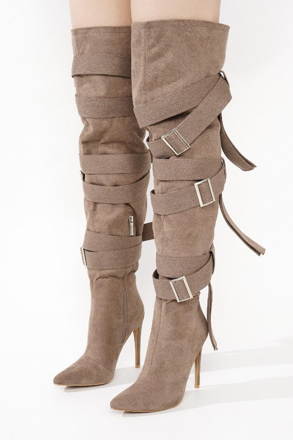 Cape Robbin Katey Buckle Suede Wrap Over-the-Knee Boots - Beige