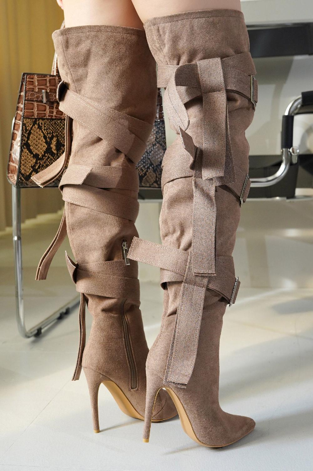 cape robbin Katey Buckle Suede Wrap Over-the-Knee Boots - Beige