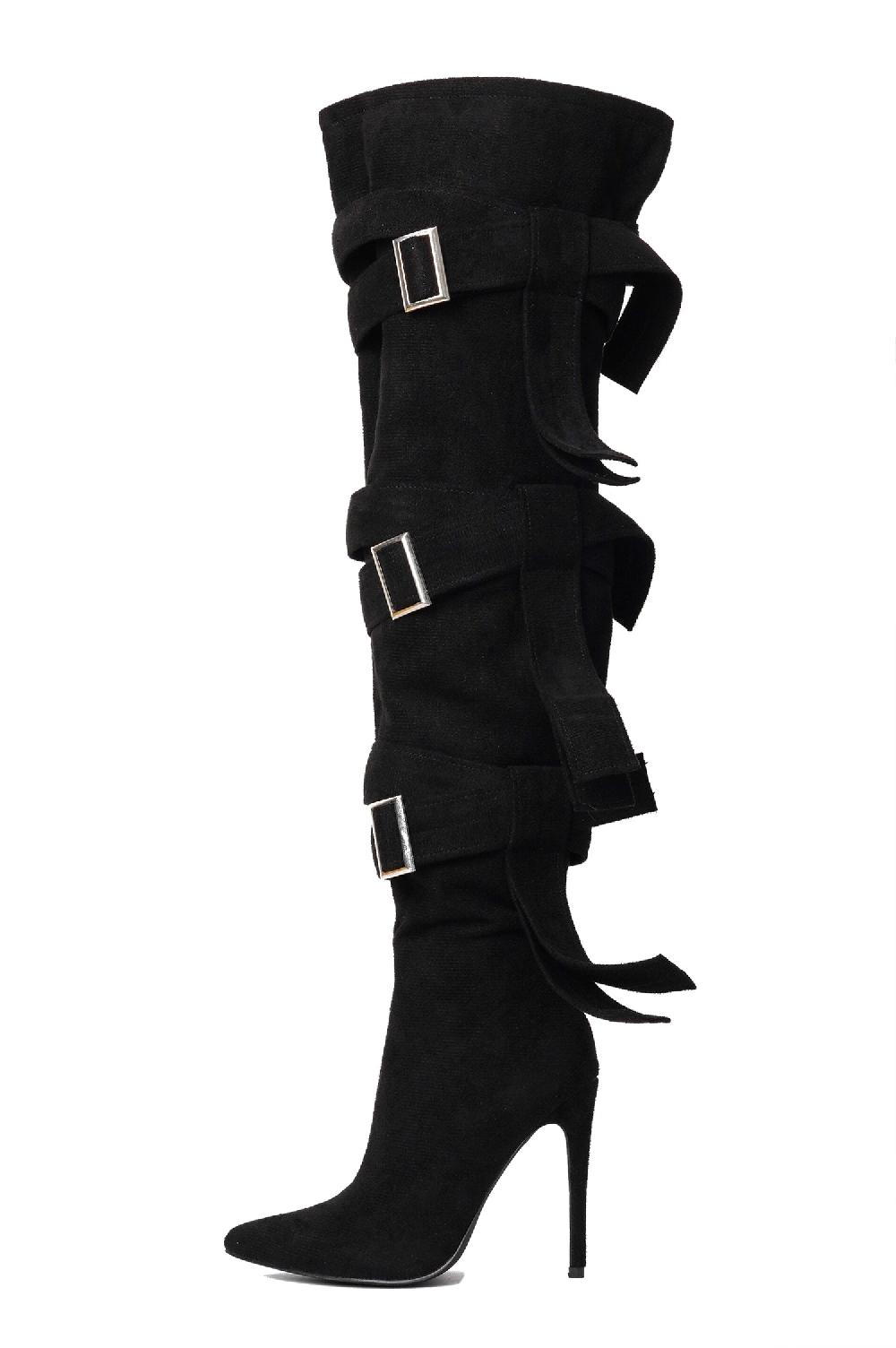 Cape Robbin Katey Buckle Suede Wrap Over-the-Knee Boots - Black