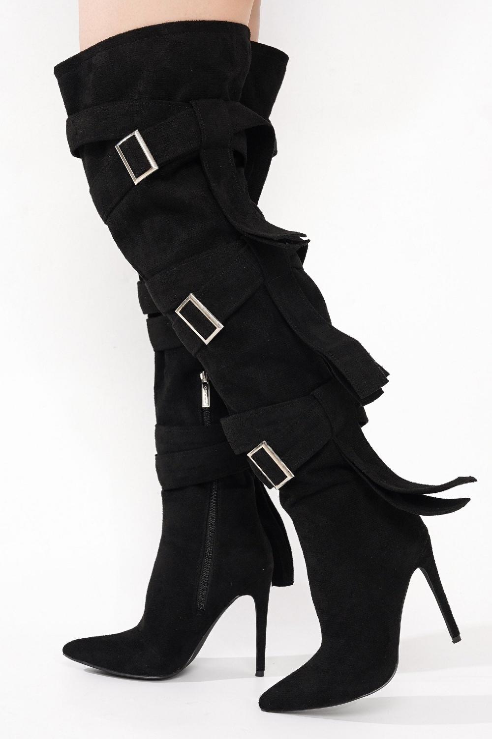 Cape Robbin Katey Buckle Suede Wrap Over-the-Knee Boots - Black