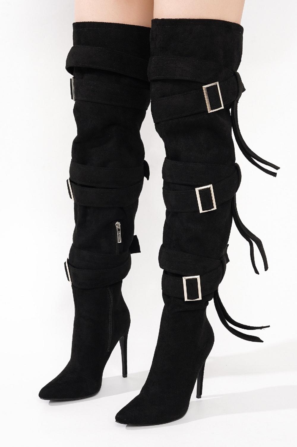 Cape Robbin Katey Buckle Suede Wrap Over-the-Knee Boots - Black