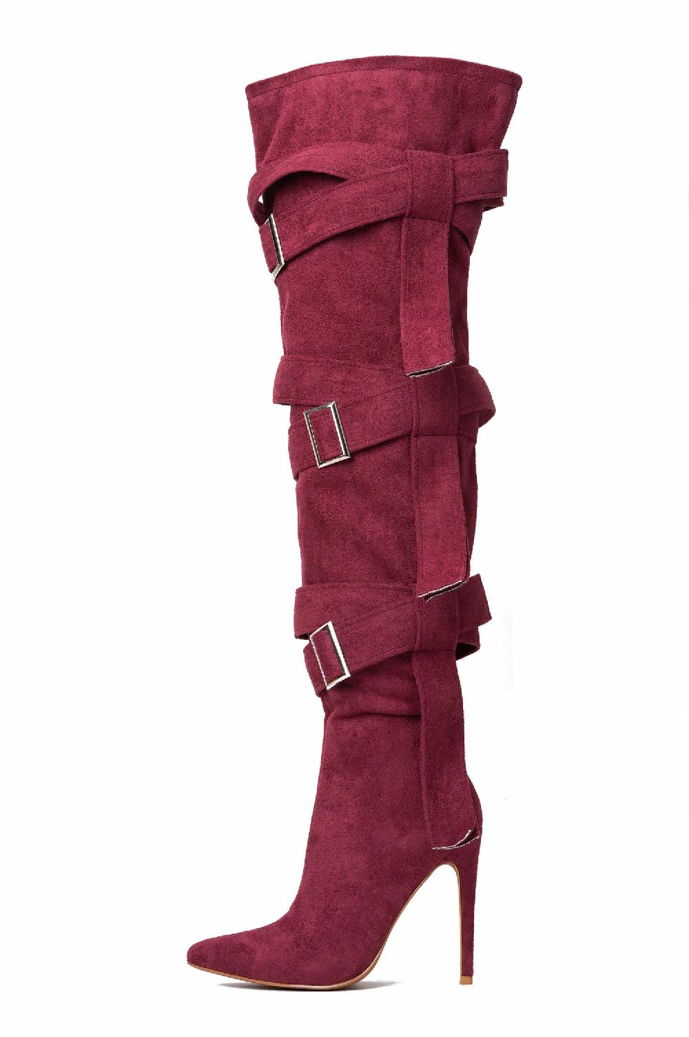 Cape Robbin Katey Buckle Suede Wrap Over-the-Knee Boots - Burgundy