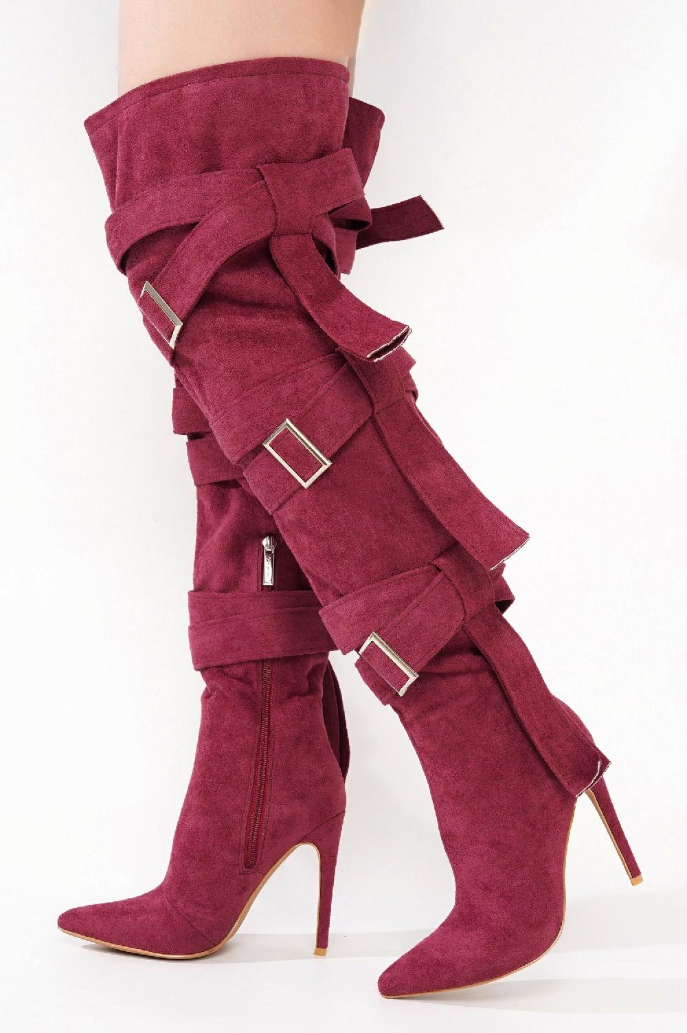 Cape Robbin Katey Buckle Suede Wrap Over-the-Knee Boots - Burgundy