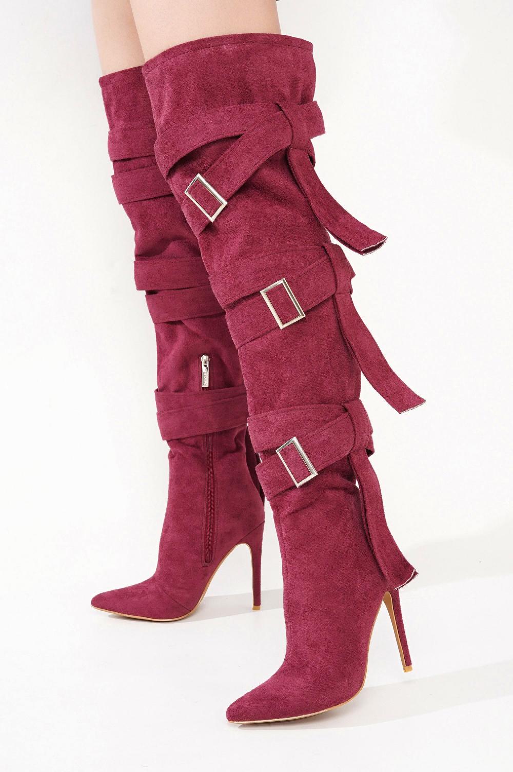 Cape Robbin Katey Buckle Suede Wrap Over-the-Knee Boots - Burgundy