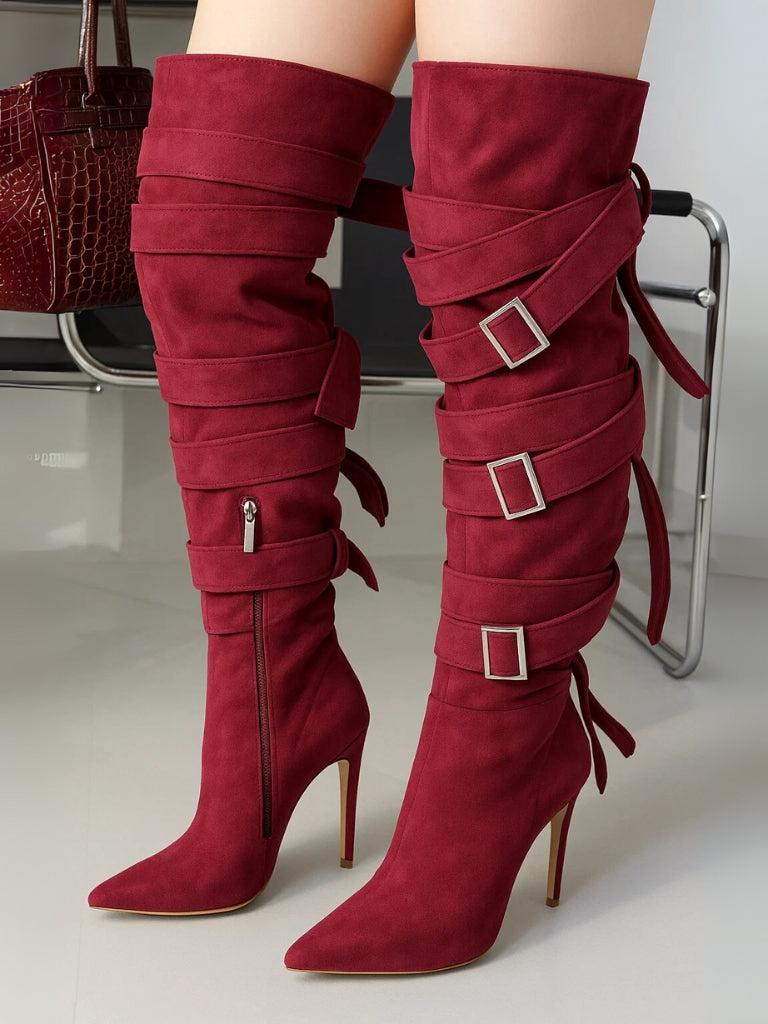 cape robbin Katey Buckle Suede Wrap Over-the-Knee Boots - Burgundy