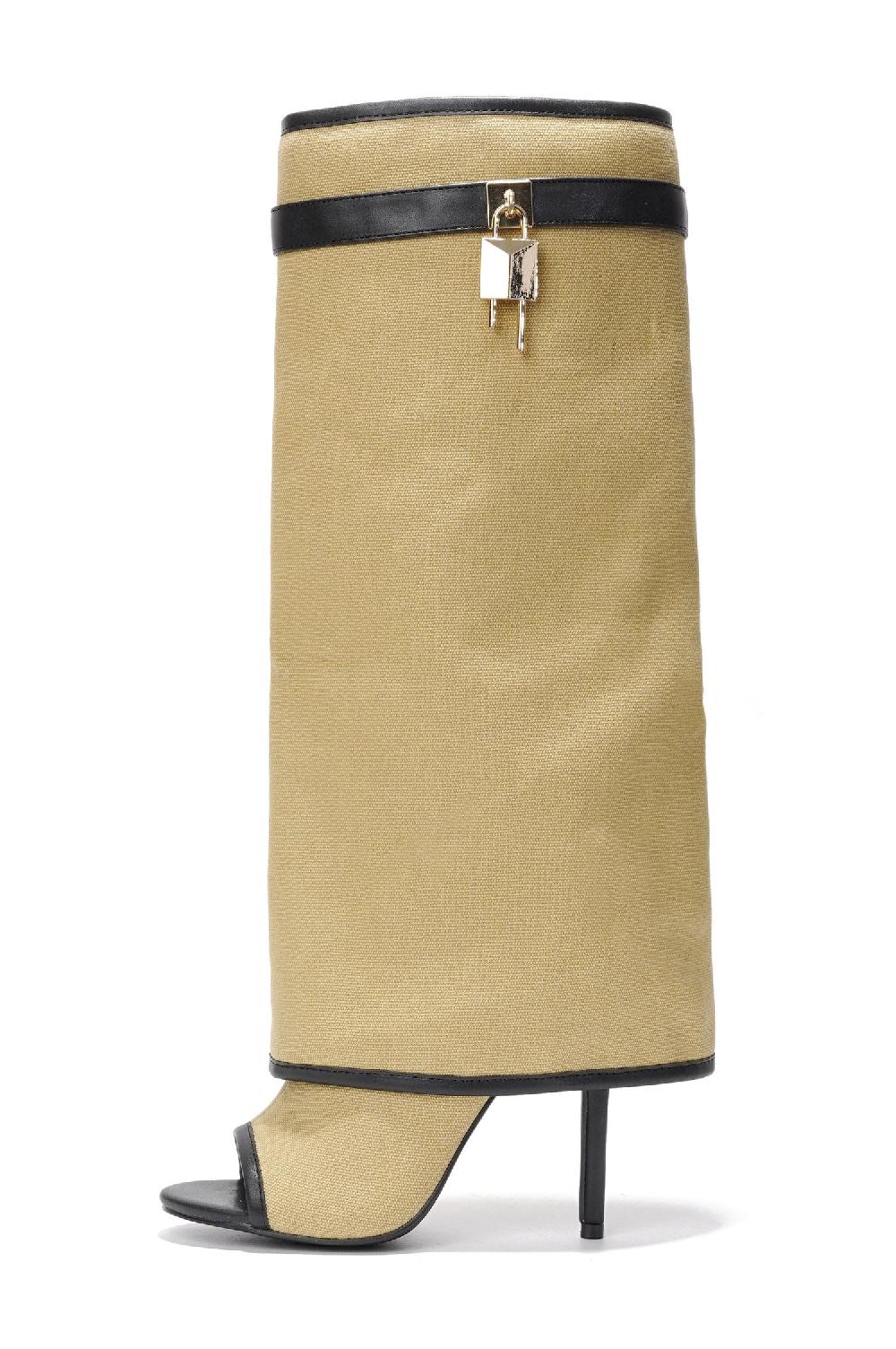 Cape Robbin Katrinka Open Toe Padlock Detail Wide-Leg Stiletto Boots - Beige