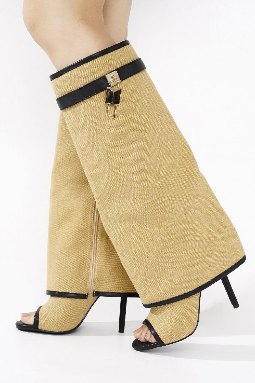 Cape Robbin Katrinka Open Toe Padlock Detail Wide-Leg Stiletto Boots - Beige