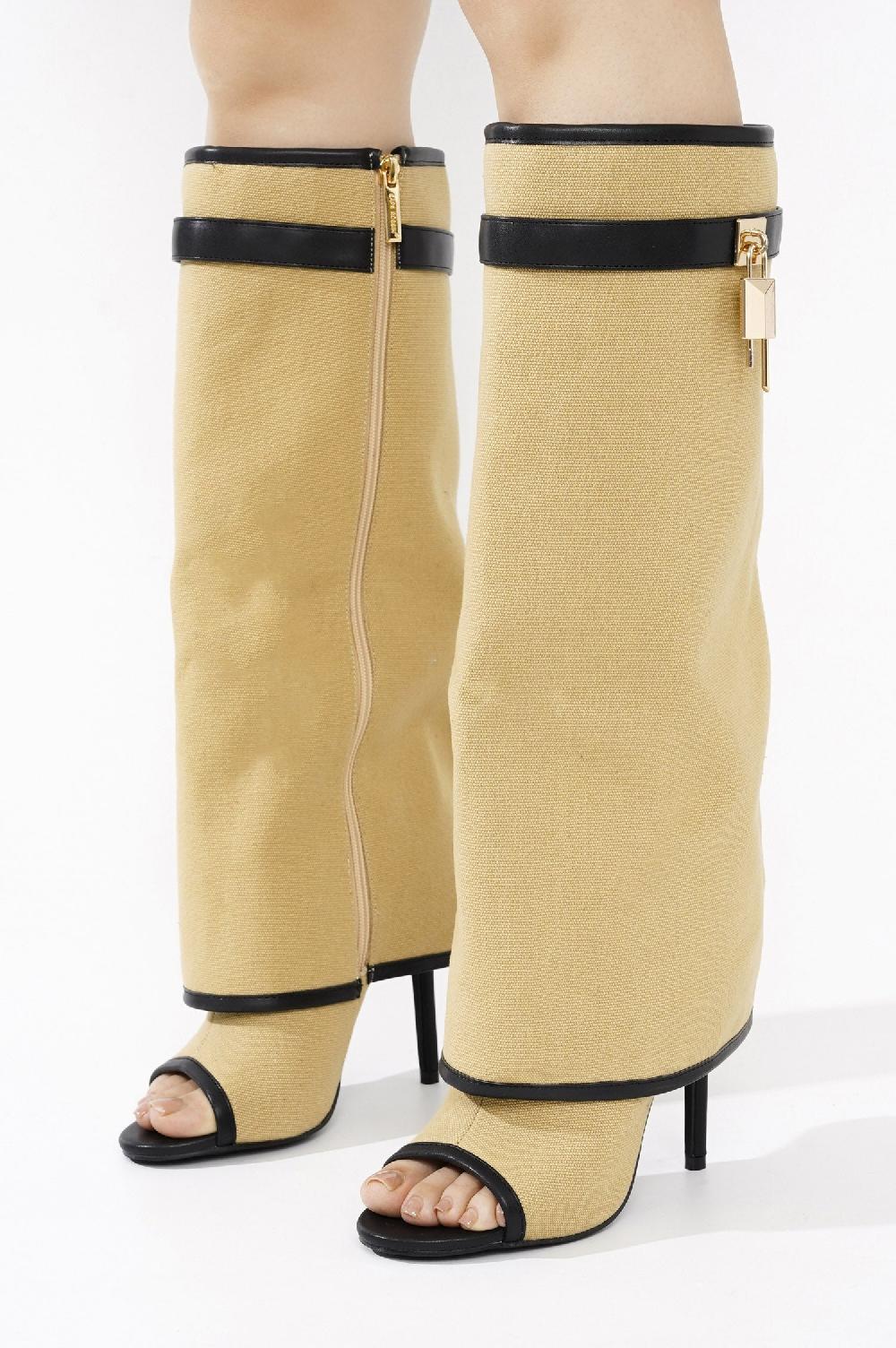 Cape Robbin Katrinka Open Toe Padlock Detail Wide-Leg Stiletto Boots - Beige