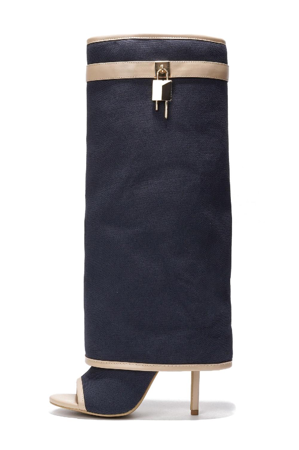 Cape Robbin Katrinka Open Toe Padlock Detail Wide-Leg Stiletto Boots - Navy