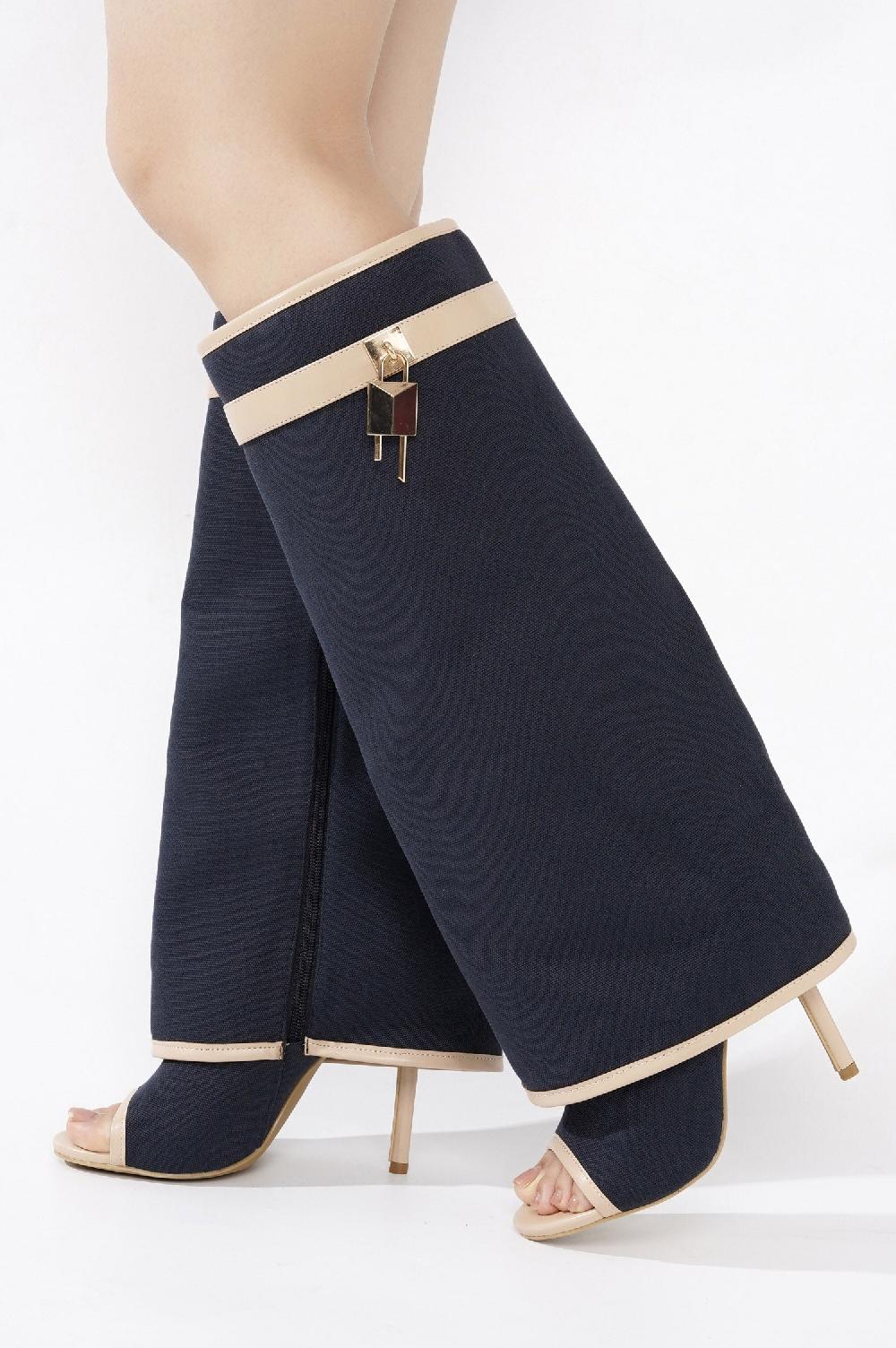 Cape Robbin Katrinka Open Toe Padlock Detail Wide-Leg Stiletto Boots - Navy