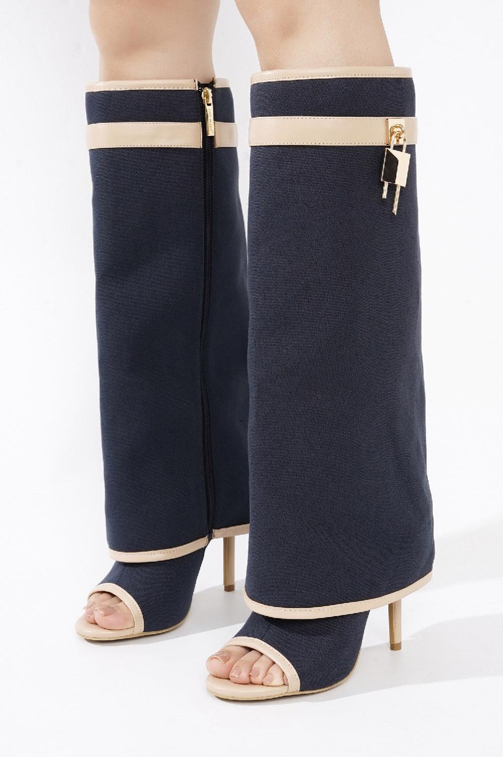 Cape Robbin Katrinka Open Toe Padlock Detail Wide-Leg Stiletto Boots - Navy