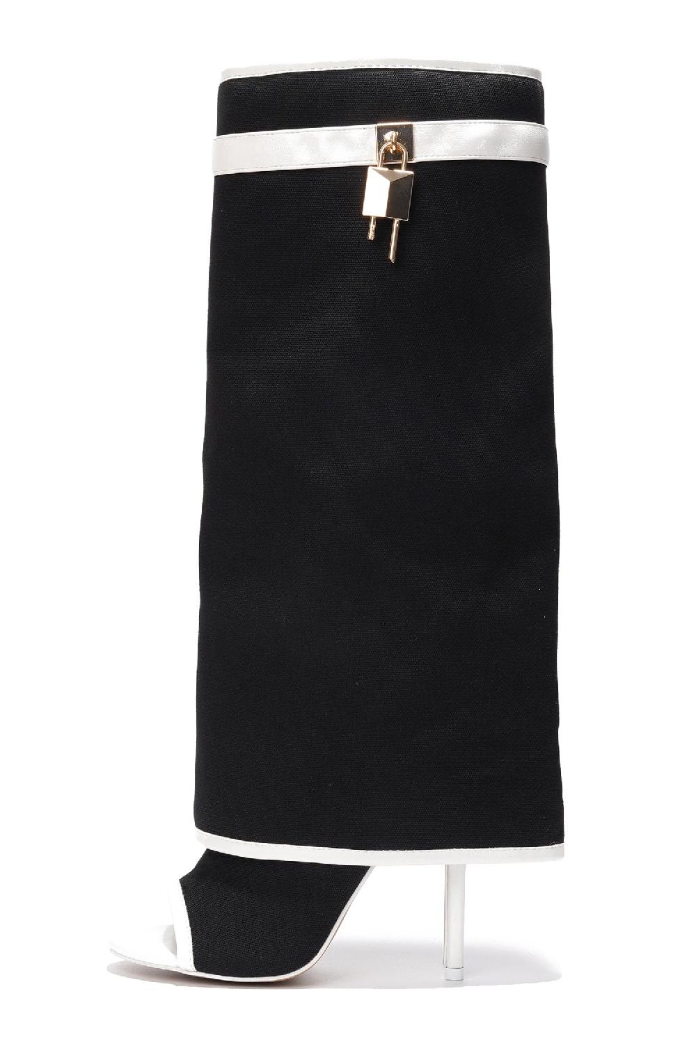 Cape Robbin Katrinka Open Toe Padlock Detail Wide-Leg Stiletto Boots - Black