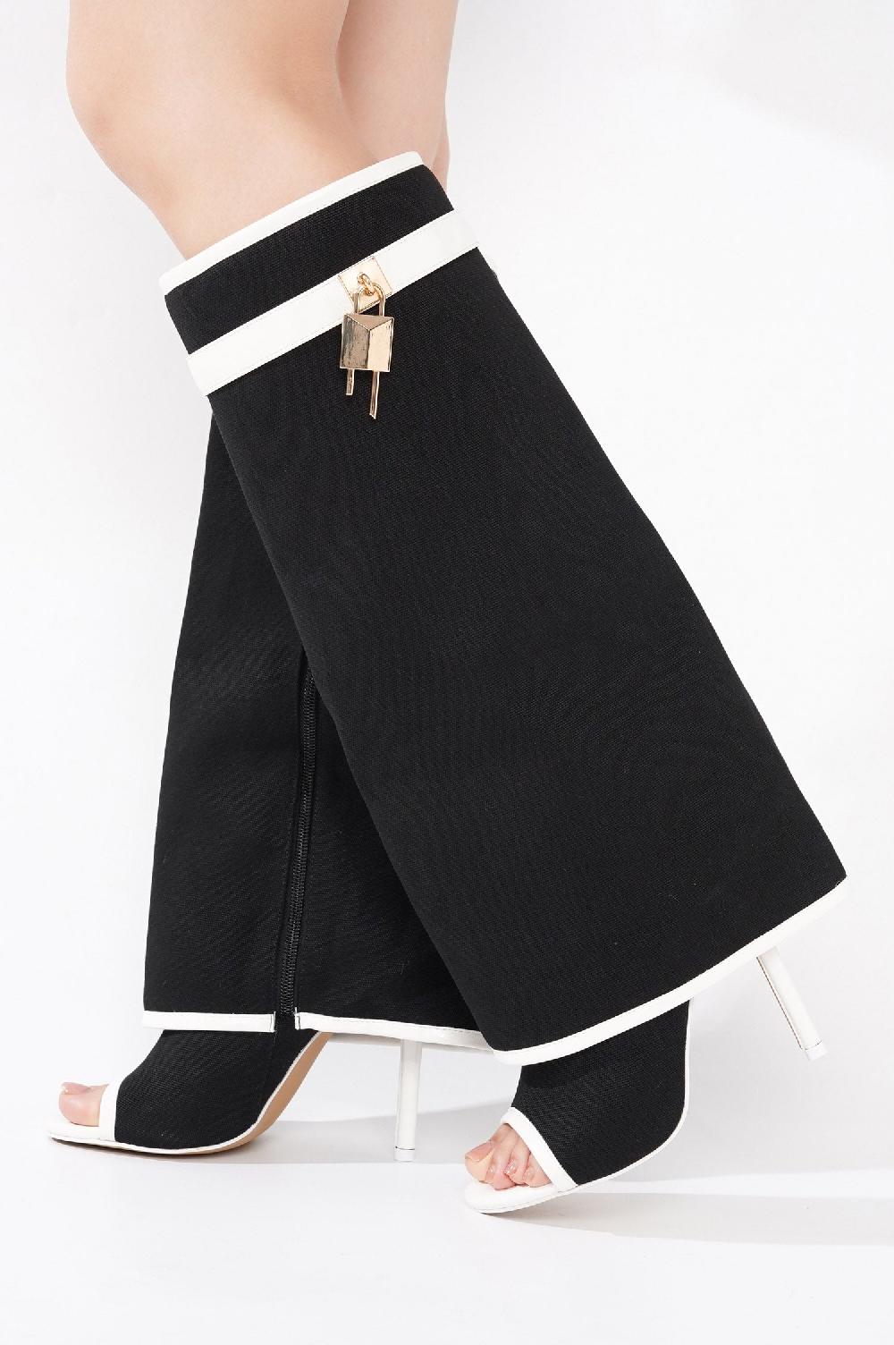 Cape Robbin Katrinka Open Toe Padlock Detail Wide-Leg Stiletto Boots - Black