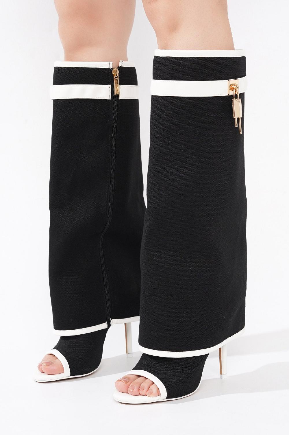 Cape Robbin Katrinka Open Toe Padlock Detail Wide-Leg Stiletto Boots - Black