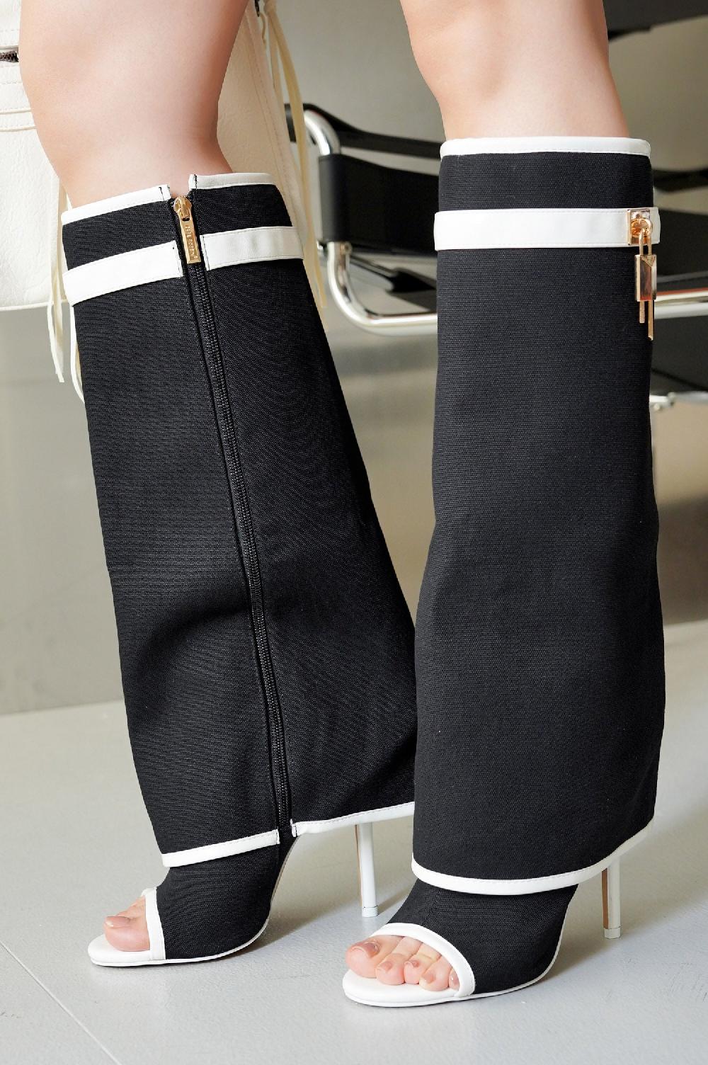 cape robbin Katrinka Open Toe Padlock Detail Wide-Leg Stiletto Boots - Black