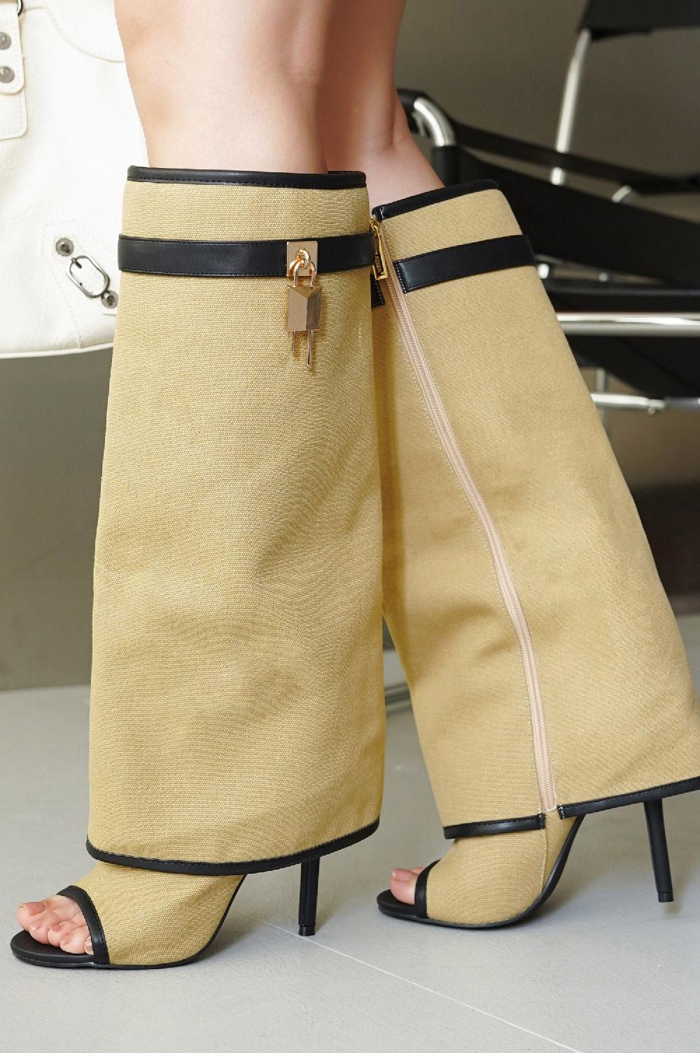 cape robbin Katrinka Open Toe Padlock Detail Wide-Leg Stiletto Boots - Beige