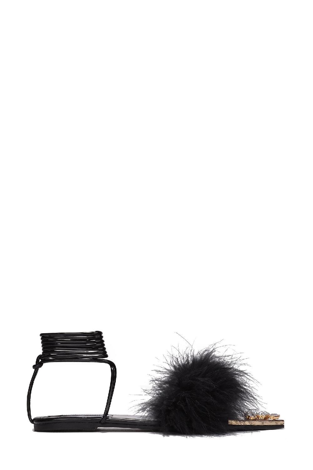 Cape Robbin Kendur Feather Lace Up Gem Trimmed Sandals - Black