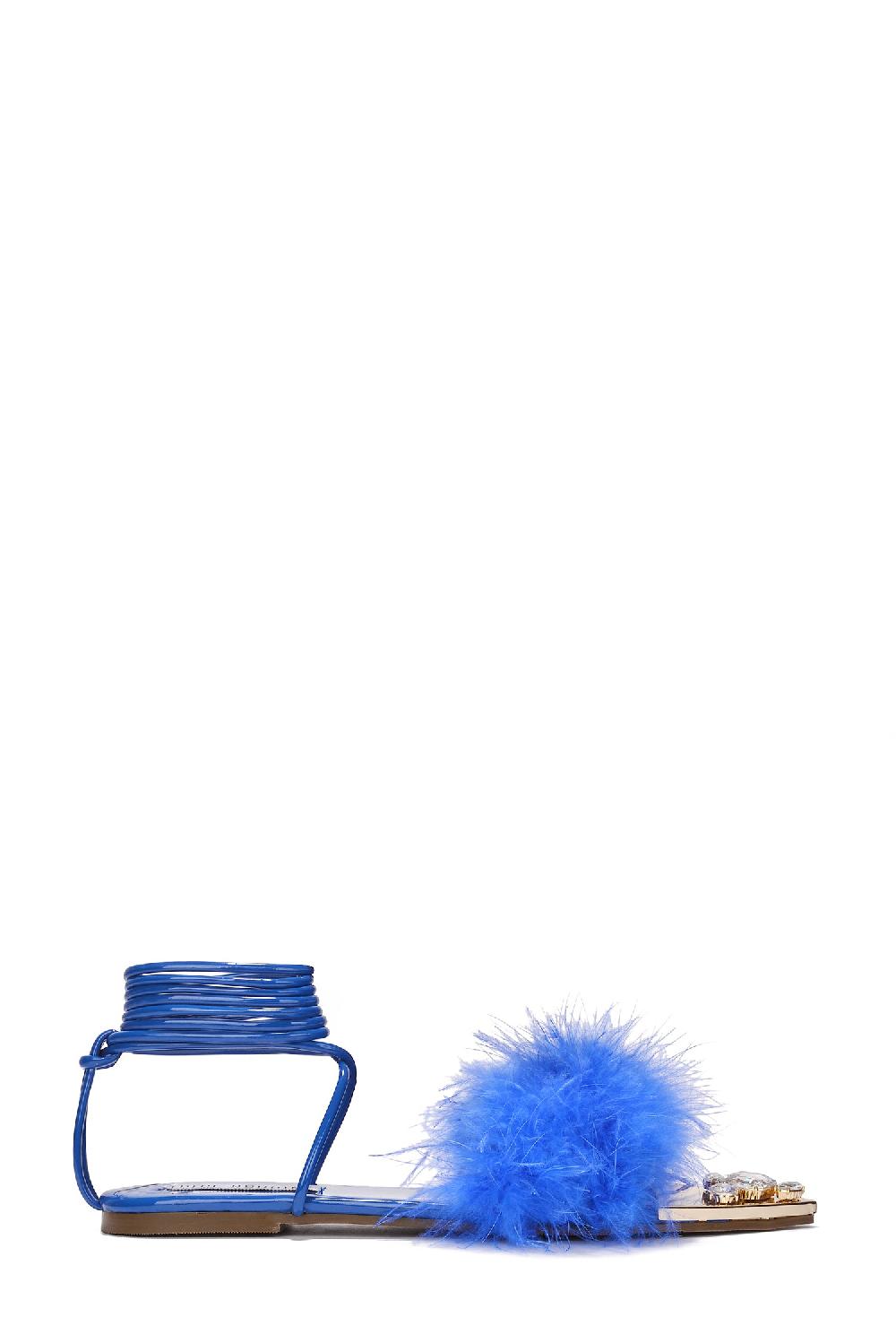 Cape Robbin Kendur Feather Lace Up Gem Trimmed Sandals - Blue