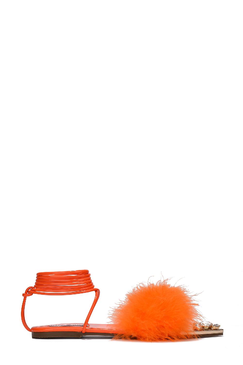 Cape Robbin Kendur Feather Lace Up Gem Trimmed Sandals - Orange