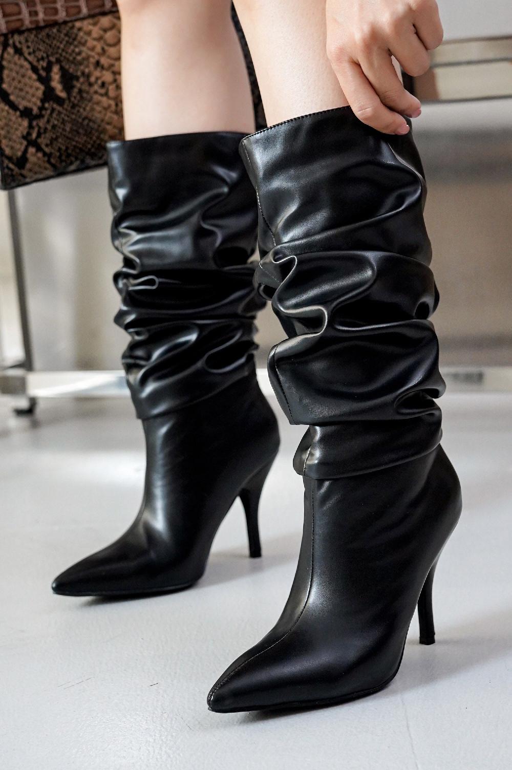 cape robbin Khaite Ruched Stiletto Mid Calf Boots - Black