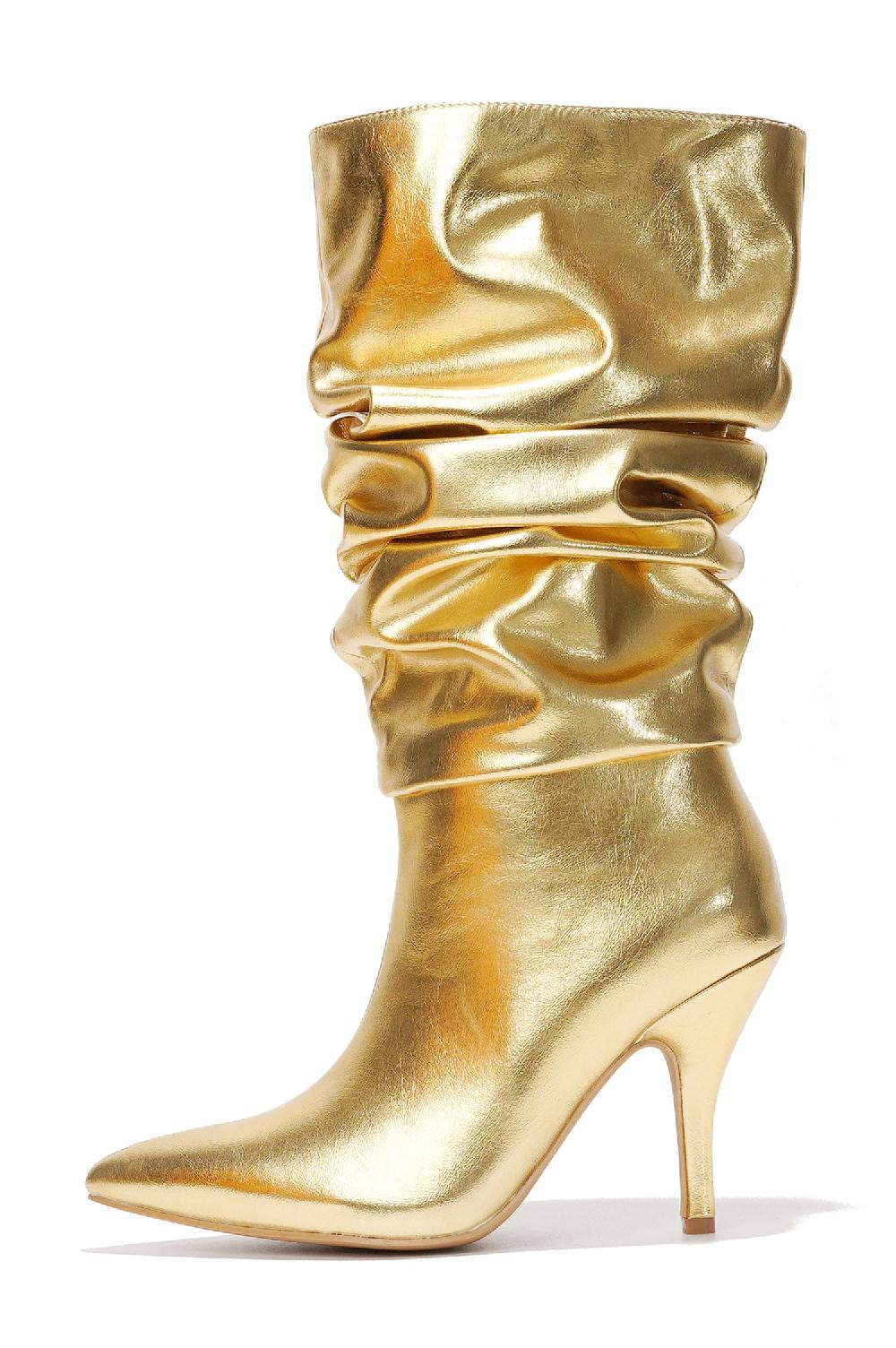Cape Robbin Khaite Ruched Stiletto Mid Calf Boots - Gold