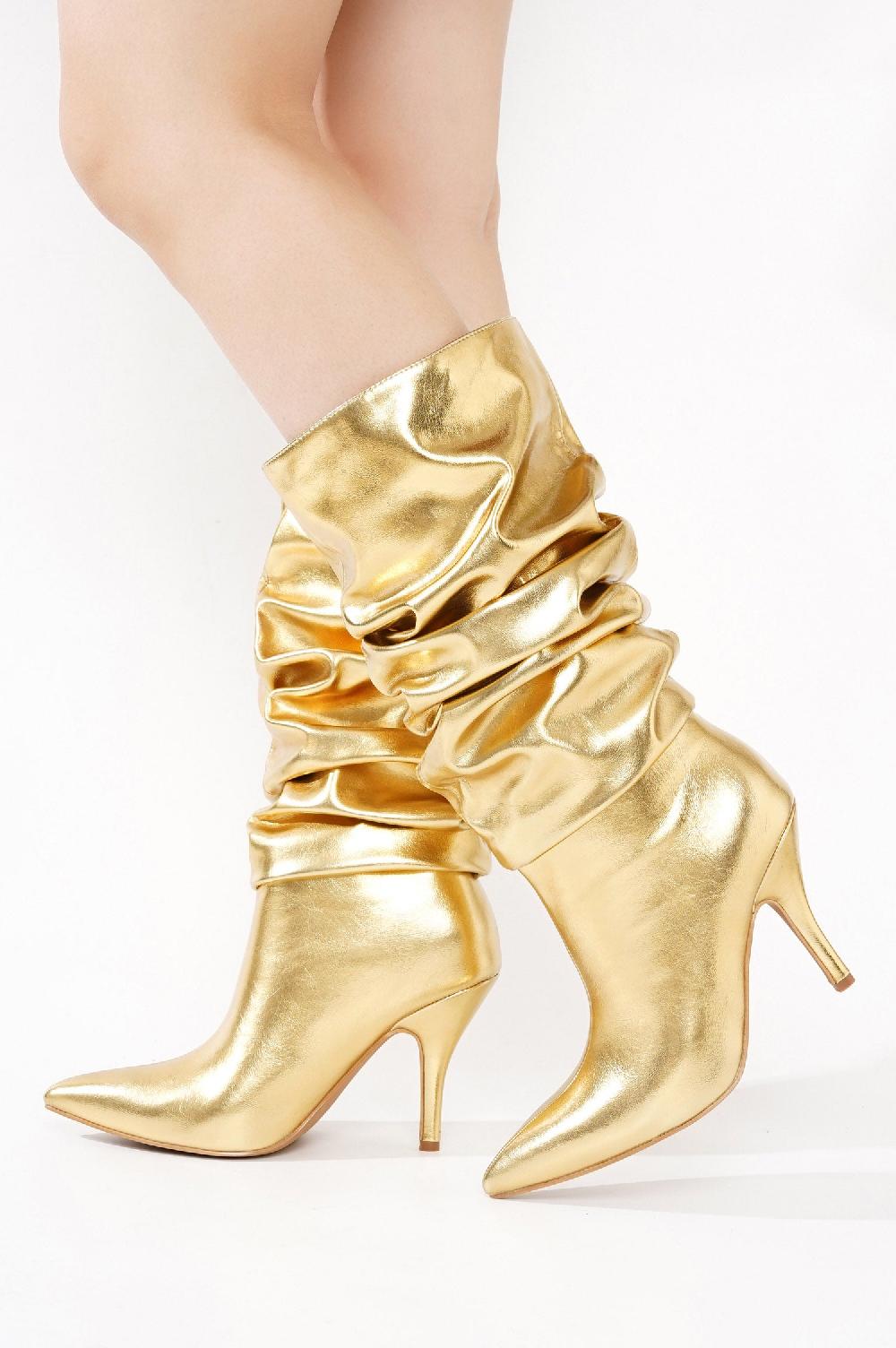 Cape Robbin Khaite Ruched Stiletto Mid Calf Boots - Gold