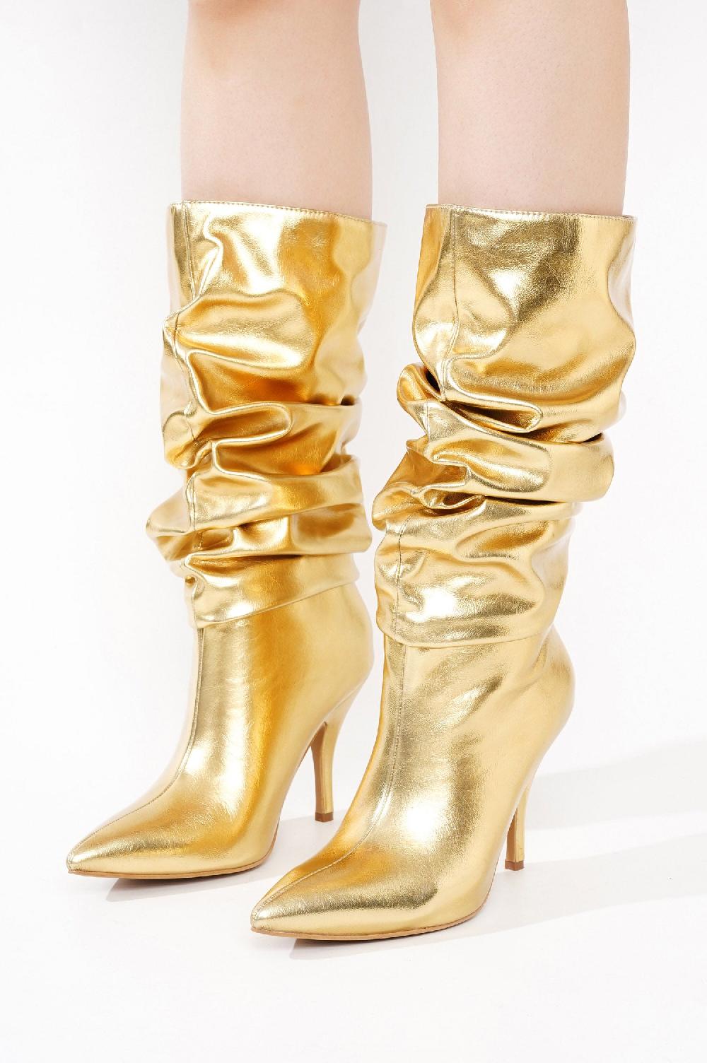Cape Robbin Khaite Ruched Stiletto Mid Calf Boots - Gold